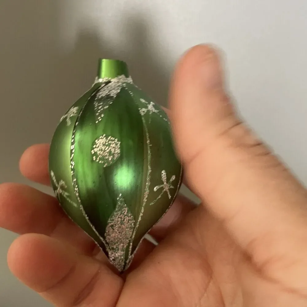 Vintage Hand Painted Blown Glass Teardrop Christmas Ornament Glitter Snowflake